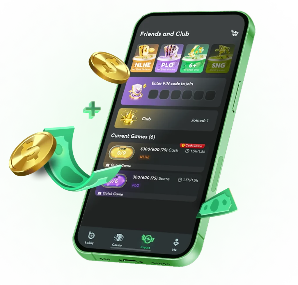BC Poker mobile friends and club lobby showing private poker games, PIN entry system, cash tables and multiplayer access interface