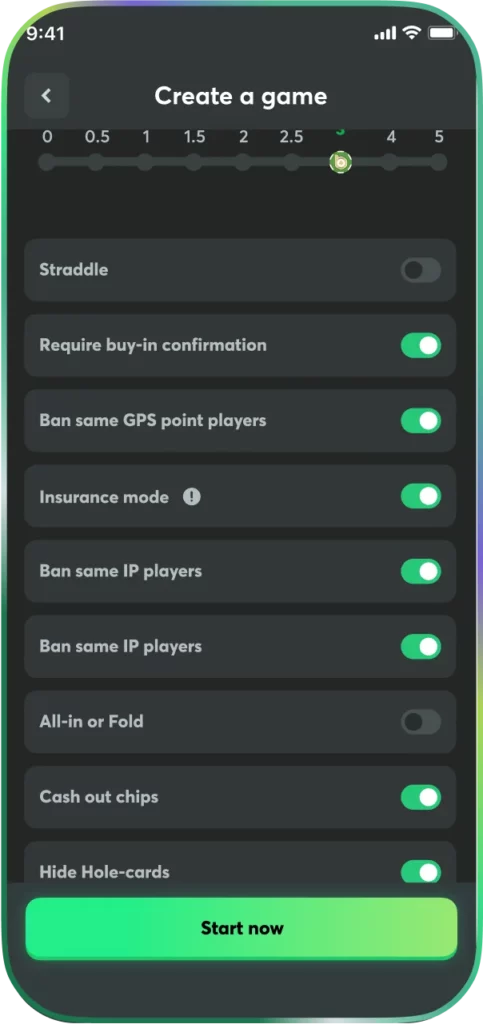 BC Poker advanced game settings on mobile showing create game options, player restrictions, insurance mode and cash table configuration