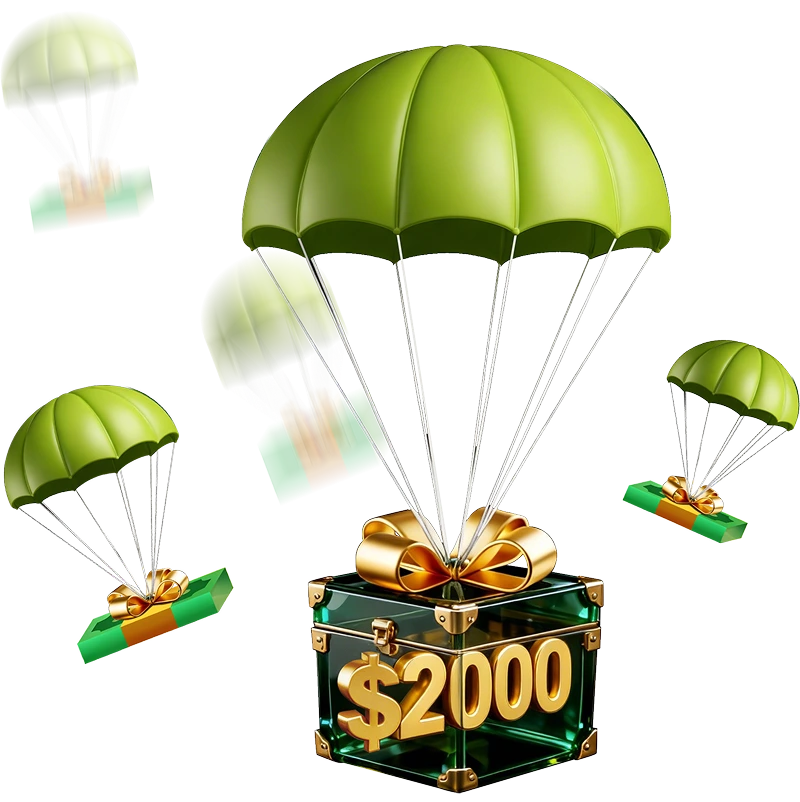 BC Poker bonus drop with parachutes delivering $2000 reward box, promotional crypto poker offer visual