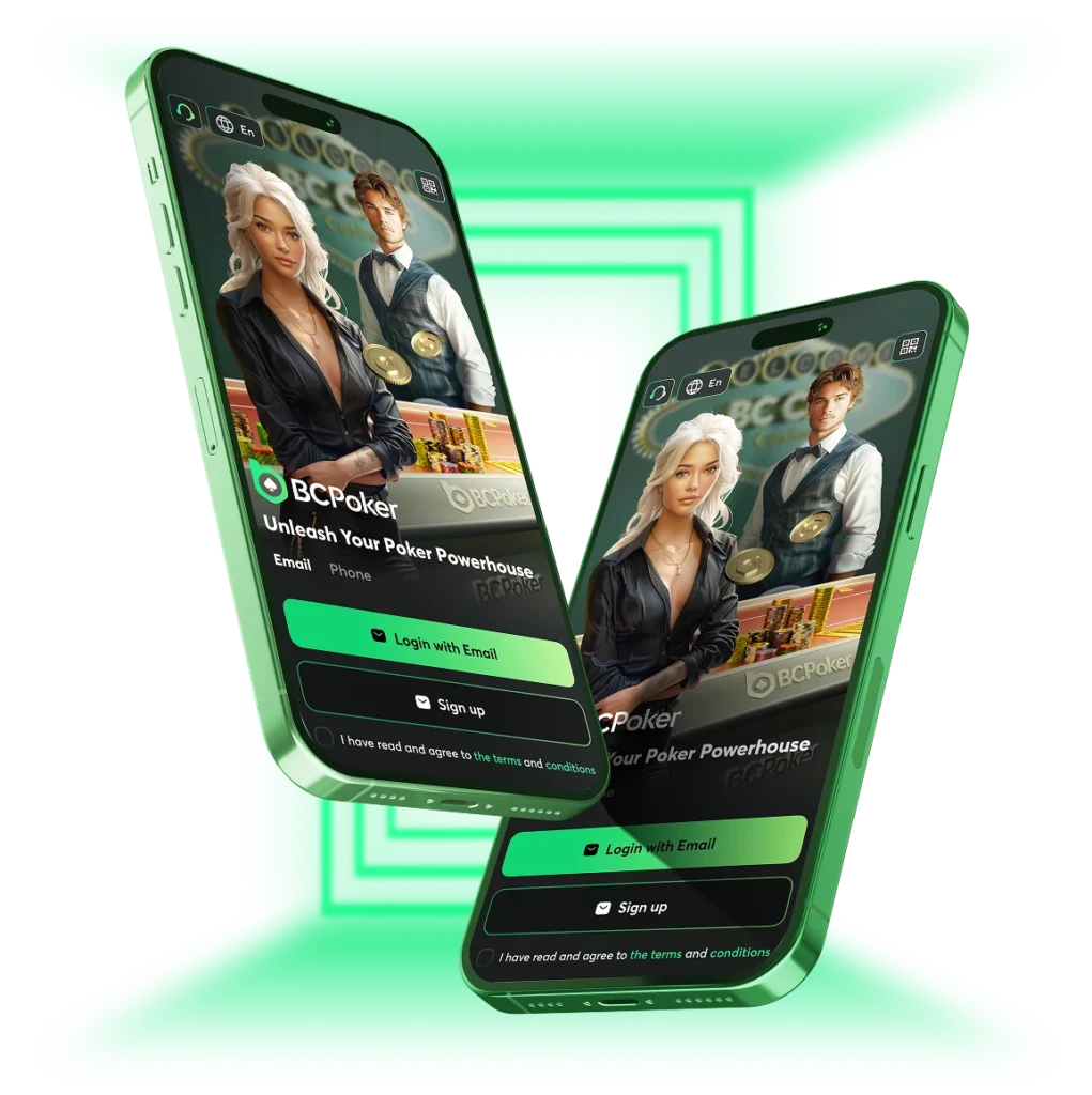 BC Poker mobile login and sign up screen showing user authentication, account access and poker app welcome interface